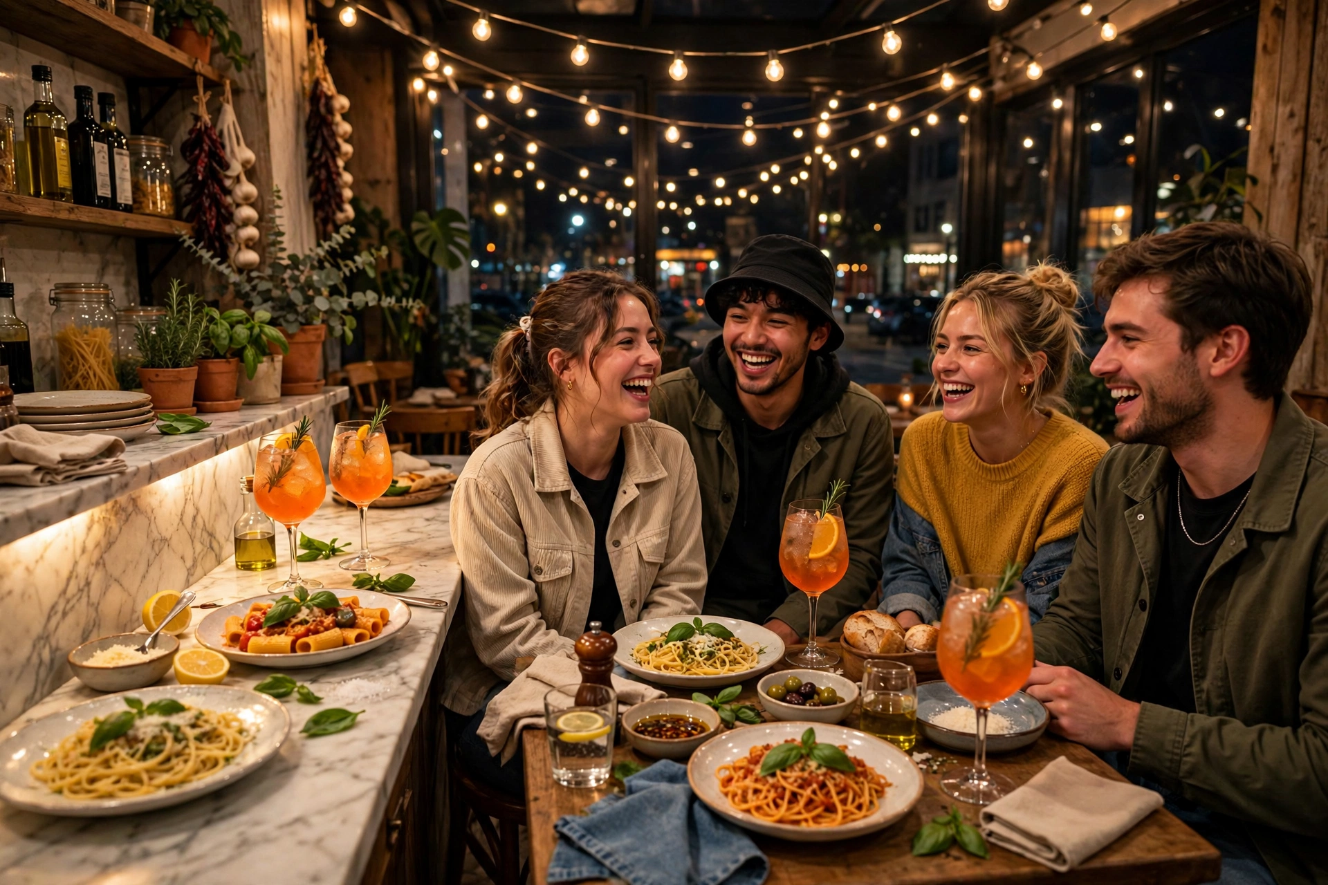 Friends sharing pasta and spritzes at the bar