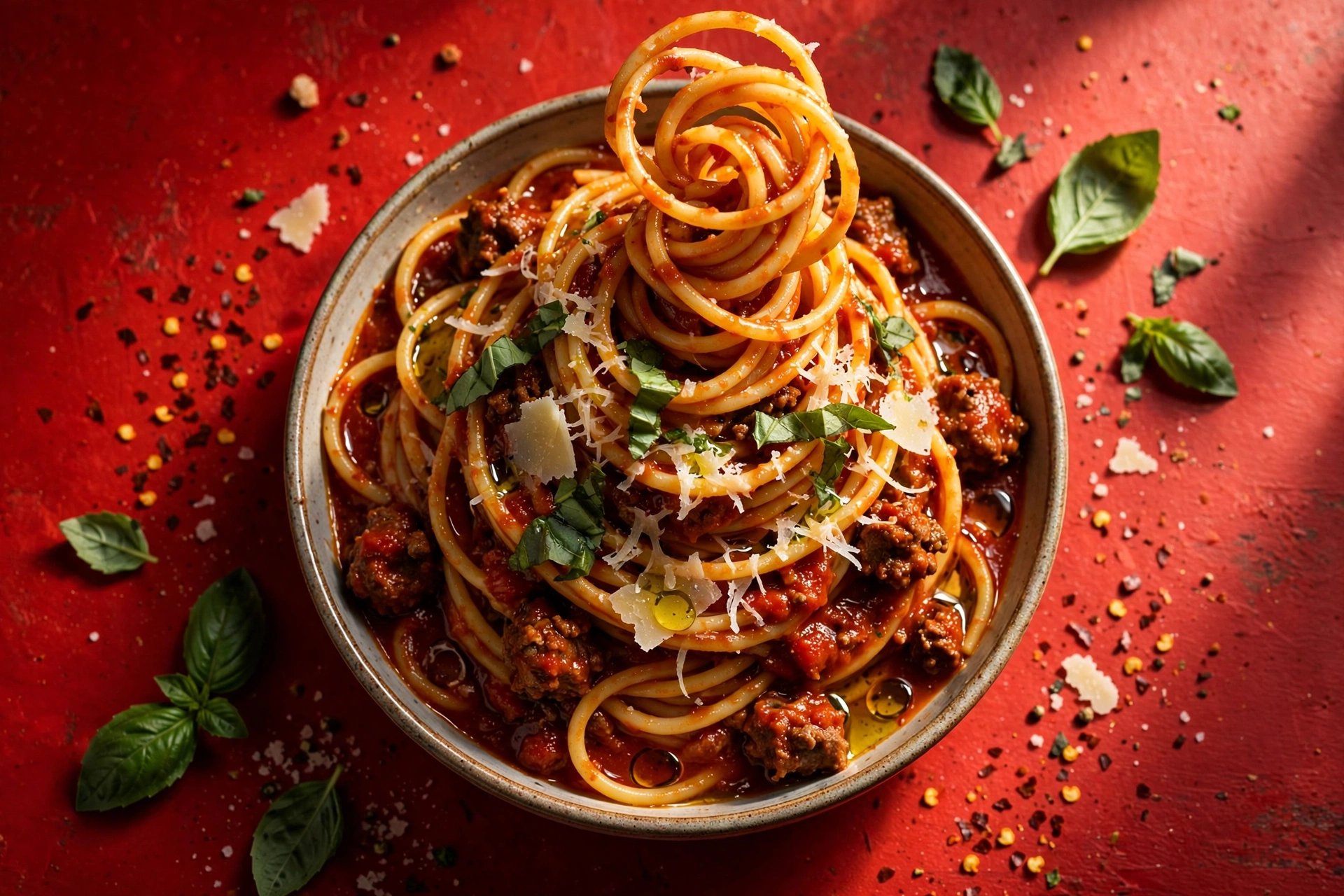 Twirled spaghetti bolognese with basil and parmesan