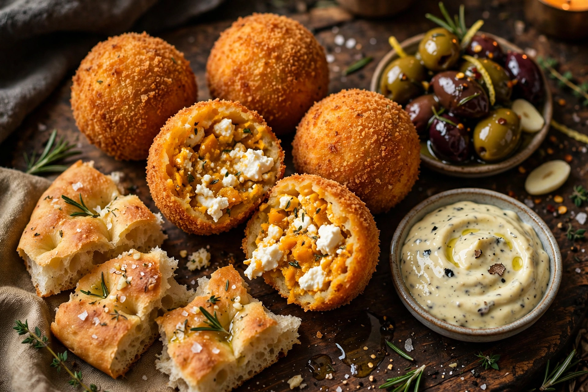 Arancini, olives and focaccia spread